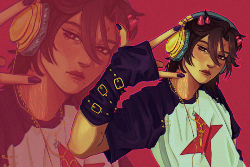 Two animated characters with headphones on a red background