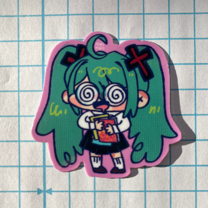 Sticker of an animated character with green hair and glasses on a grid background
