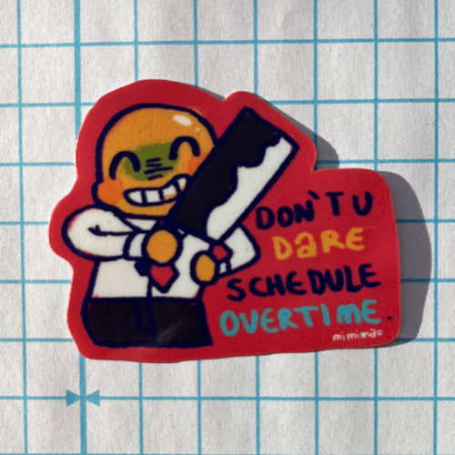 Sticker with a character holding a knife and text on a grid background