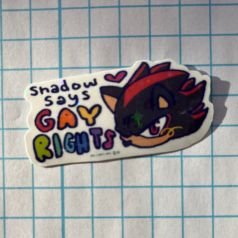 Sticker with a character and 'Shadow Says Gay Rights' text on a grid background