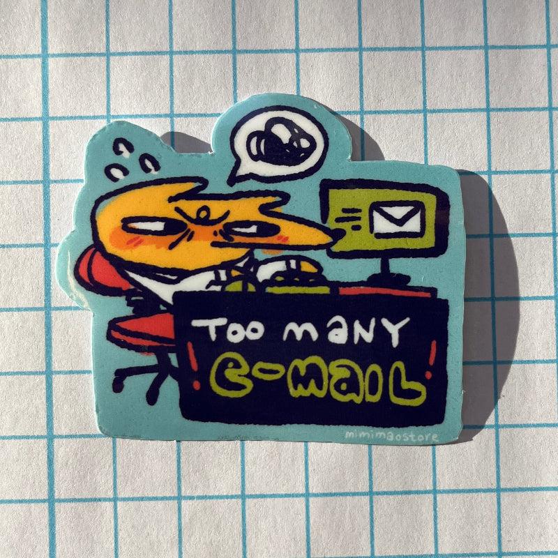 Cartoon sticker of a cat at a computer with 'Too Many Email' text on a grid background