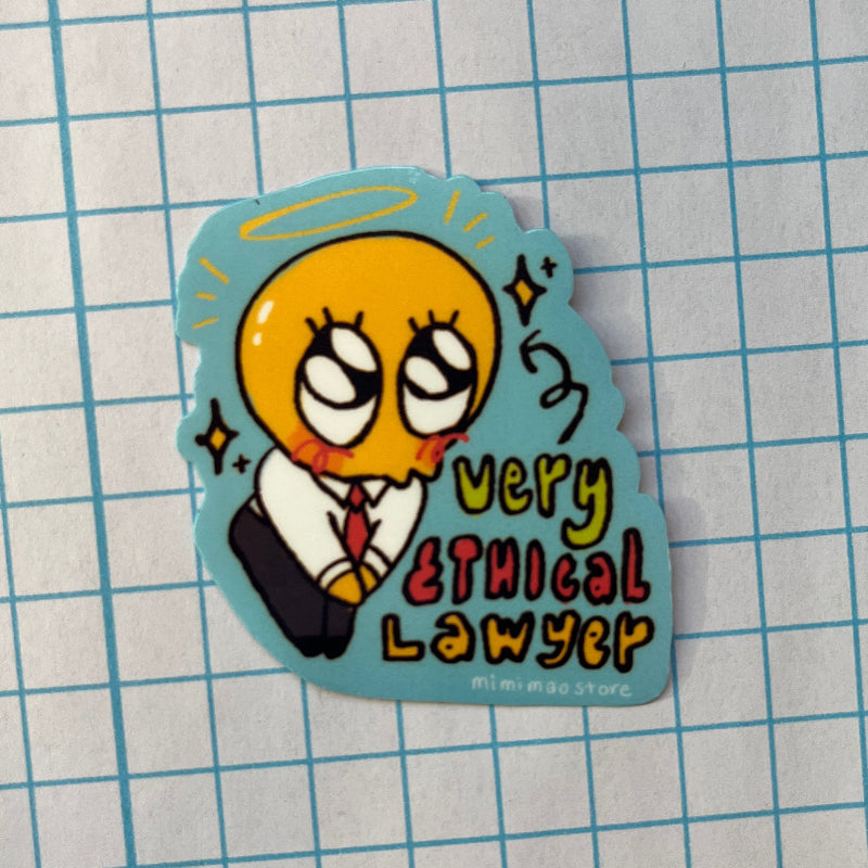 Cartoon sticker with a character and text 'very ETHICAL LAWYER' on a grid background