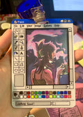 Hand holding a small digital art display with a stylized character and 'Paint' software interface.