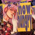 Cartoon character with pink hair and a 'Now Hungry' sign on a colorful background