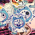 Collection of colorful stickers with cartoon characters on a patterned background