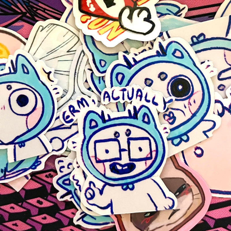 Collection of colorful stickers with cartoon characters on a patterned background