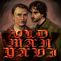 Two men standing close together with a stylized text overlay on a brown background