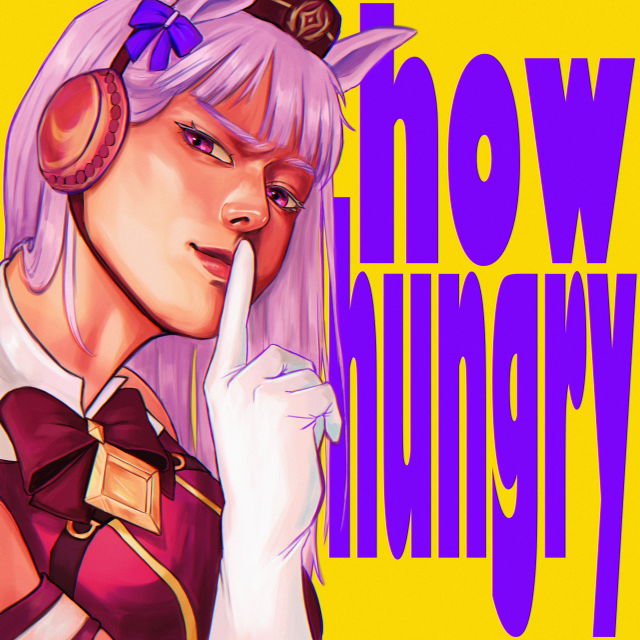 Animated character with pink hair and purple outfit against a yellow background with 'how hungry' text.